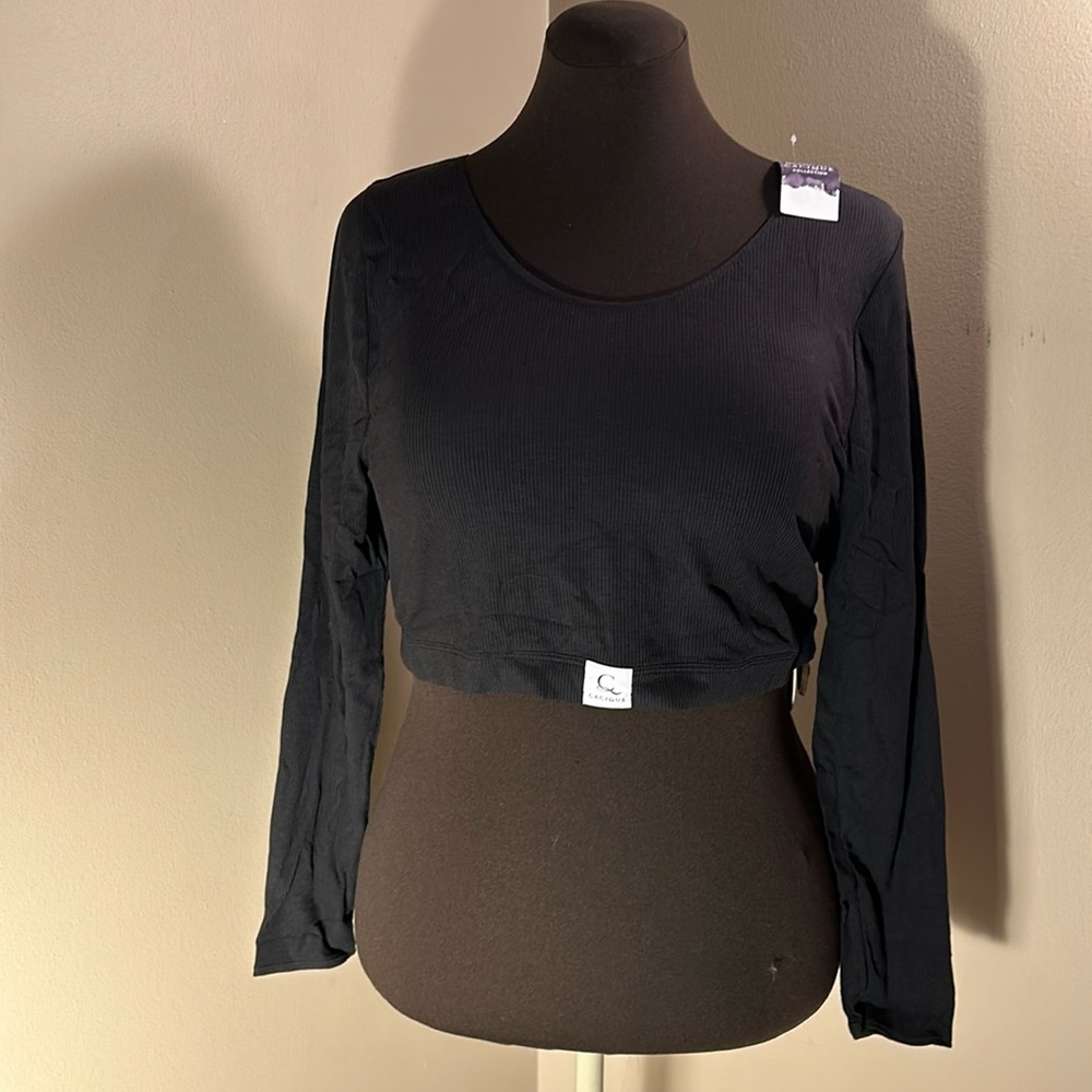 CACIQUE Black Long Sleeve Ribbed Crop Top